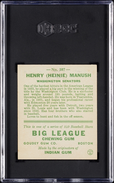 1933 Goudey Heinie Manush No. 107 SGC 5