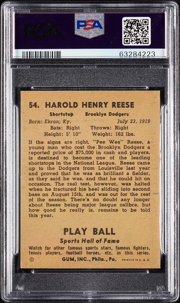 1941 Play Ball Pee Wee Reese RC No. 54 PSA 2