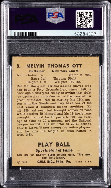 1941 Play Ball Mel Ott No. 8 PSA 4