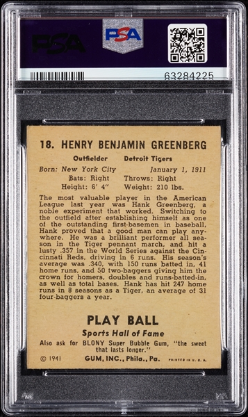 1941 Play Ball Hank Greenberg No. 18 PSA 4