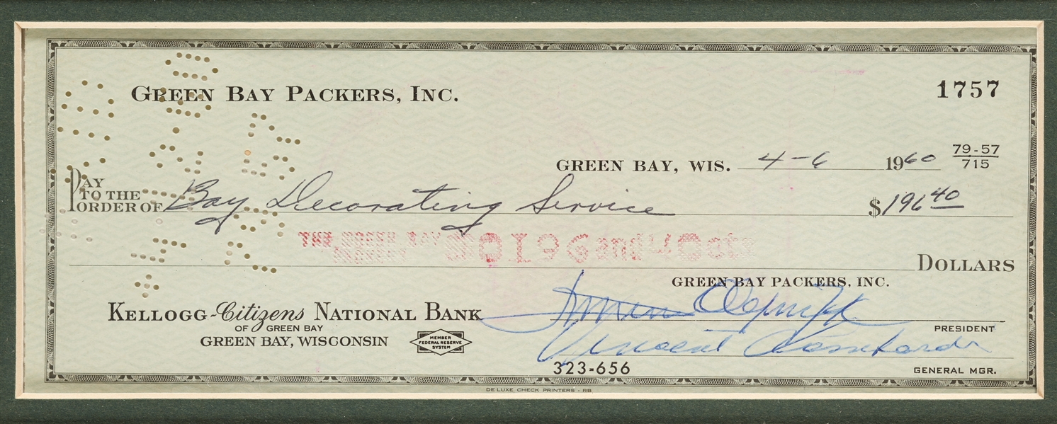 Vince Lombardi Signed Check in Frame (1960) (BAS)