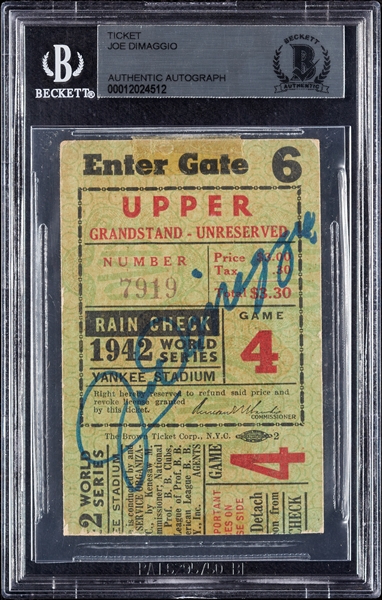 Joe DiMaggio Signed 1942 World Series Ticket Stub (BAS)