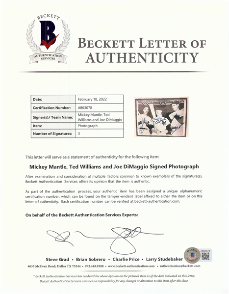 Mickey Mantle, Joe DiMaggio & Ted Williams Signed 8x10 Photo (BAS)