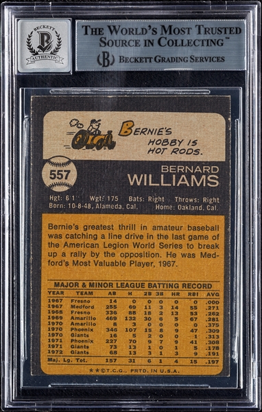 Bernie Williams Signed 1973 Topps No. 557 (Graded BAS 10)