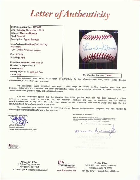 Thurman Munson Single-Signed OAL Baseball (JSA) (Graded PSA/DNA 7 - AUTO 8)