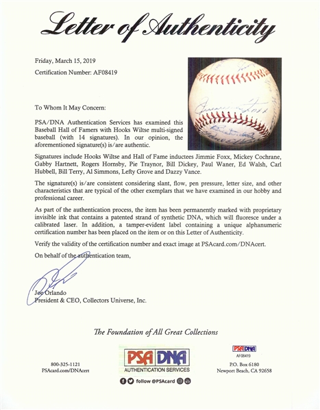 HOFers Multi-Signed OAL Baseball with Foxx, Cochrane, Hornsby, Waner (PSA/DNA)