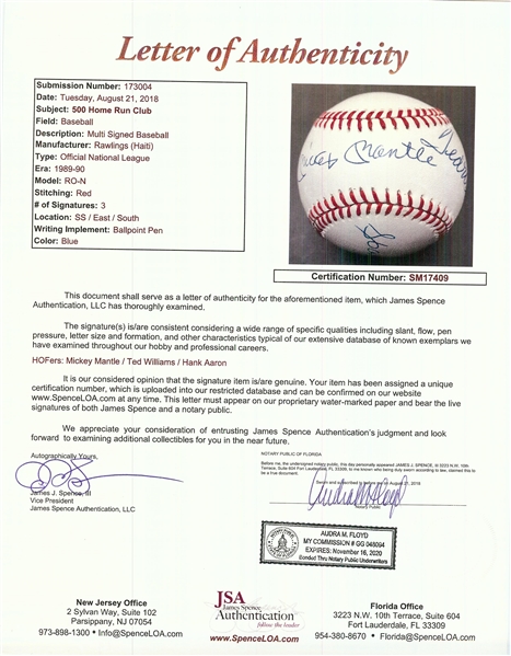 Mickey Mantle, Ted Williams & Hank Aaron Signed ONL Baseball (JSA)