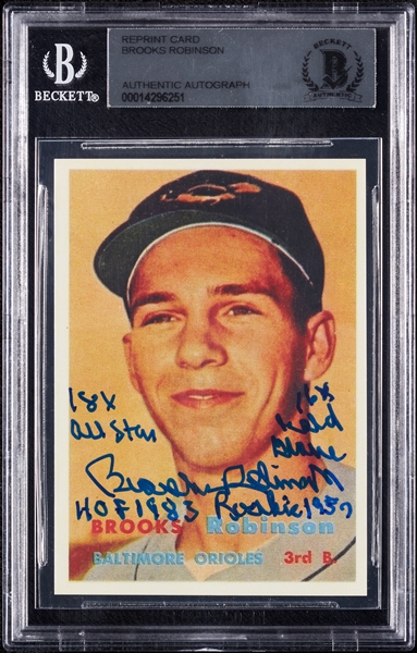 Brooks Robinson Signed 1957 Topps RC Reprint with Inscriptions (BAS)