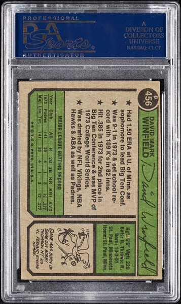 Dave Winfield Signed 1974 Topps RC No. 456 (Graded PSA/DNA 10)