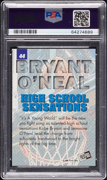 1996 Press Pass Kobe Bryant/J. O'Neal HS Sensations Silver PSA 10