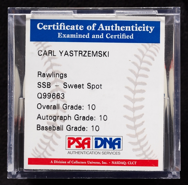 Carl Yastrzemski Single-Signed OML Baseball with Multiple Inscriptions (Graded PSA/DNA 10)