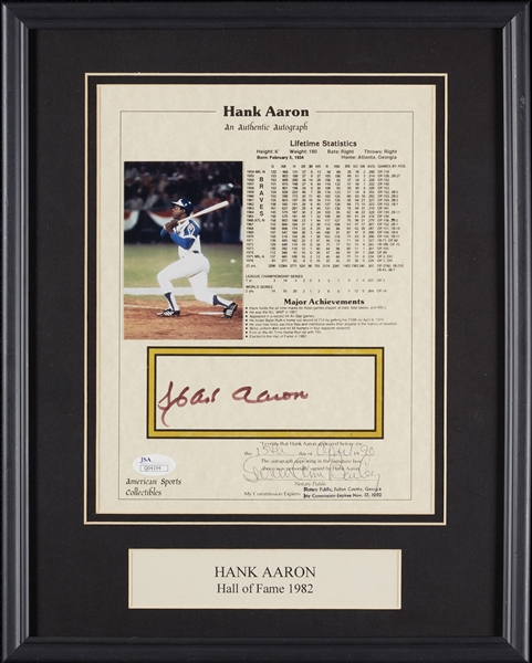 Hank Aaron Signed 8x10 Stat Sheet in Frame (JSA)