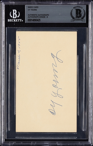 Cy Young Signed 3x5 Index Card (Graded BAS 9)