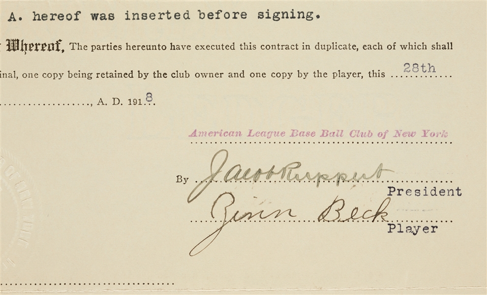 Zinn Beck 1918 Yankees Player Contract Signed by Ban Johnson, Jacob Ruppert (BAS)