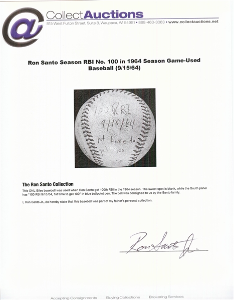 Ron Santo Season RBI No. 100 in 1964 Season Game-Used Baseball (9/15/64) 