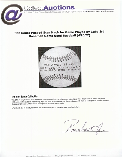 Ron Santo Passed Stan Hack for Game Played by Cubs 3rd Baseman Game-Used Baseball (4/26/72)