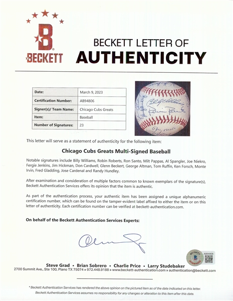 Cubs Greats Multi-Signed Old Timers Baseball (BAS)