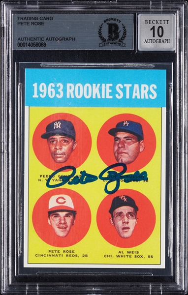 Pete Rose Signed 1963 Topps Reprint RC (Graded BAS 10)