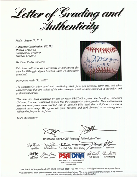 Joe DiMaggio Single-Signed OAL Baseball 361 HRS (107/361) (Graded PSA/DNA 8.5)