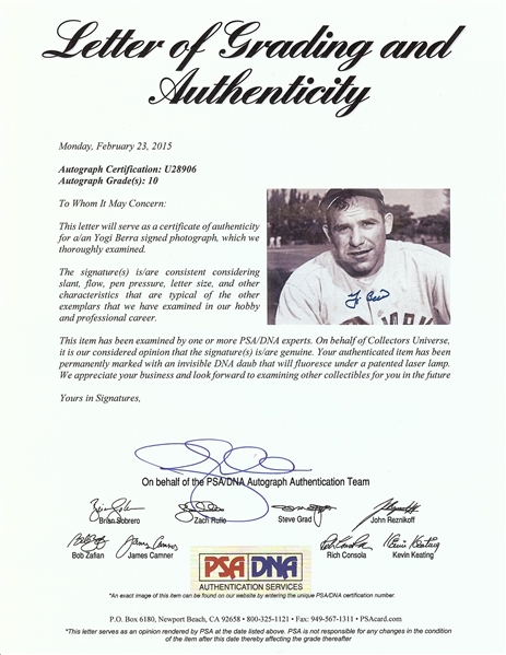 Yogi Berra Signed 11x14 Photo (Graded PSA/DNA 10)