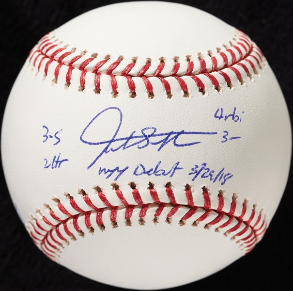 Giancarlo Stanton Single-Signed OML Baseball My Debut 3/29/18 (10/27) (MLB) (Fanatics)