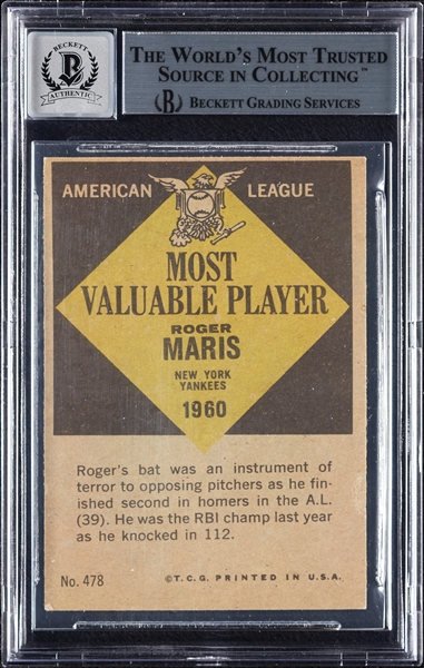 Roger Maris Signed 1961 Topps No. 478 (Graded BAS 10)