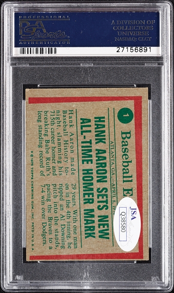 Hank Aaron Signed 1975 Topps Mini No. 1 (JSA) (Graded PSA/DNA 10)