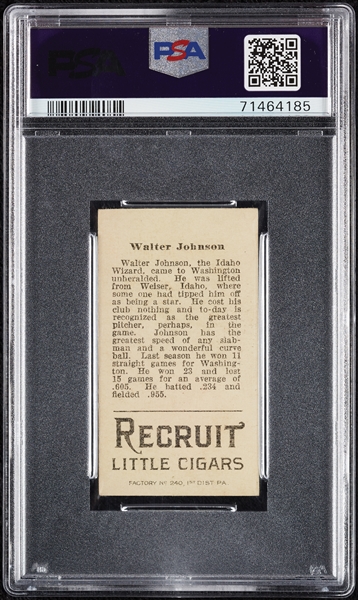 1912 T207 Brown Background Walter Johnson PSA 4