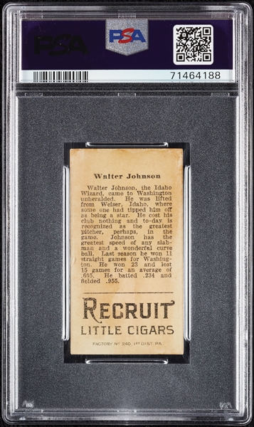 1912 T207 Brown Background Walter Johnson PSA 2