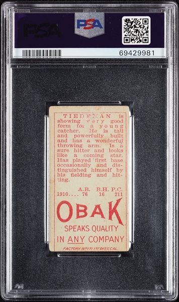1911 T212 Obak Cigarettes Tiedeman PSA 2