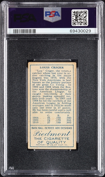 1911 T205 Gold Border Lou Criger PSA 2.5