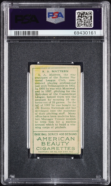 1911 T205 Gold Border A.A. Mattern (American Beauty Back) PSA 3 (MC)