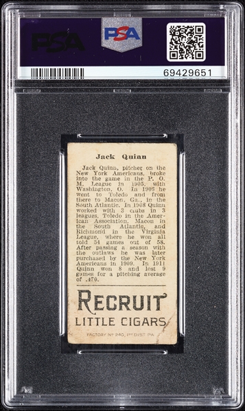 1912 T207 Brown Background Jack Quinn PSA 1.5