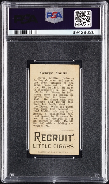 1912 T207 Brown Background George Mullin (No D On Cap) PSA 2 (MC)