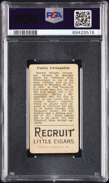 1912 T207 Brown Background Paddy Livingston (A On Shirt) PSA 1