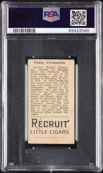 1912 T207 Brown Background Paddy Livingston (Large C On Shirt) PSA 3