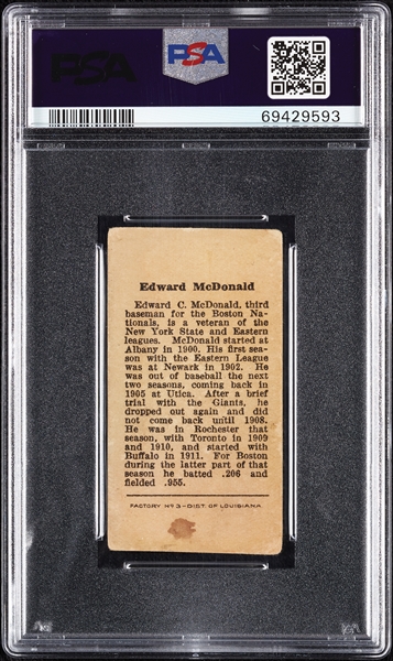 1912 T207 Brown Background Edward McDonald PSA 2 (MC)