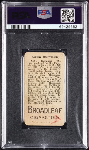 1912 T207 Brown Background Arthur Rasmussen PSA Authentic