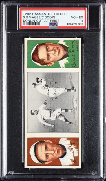 1912 T202 Hassan Triple Folders Donlin Out At First Magee/Dooin PSA 4