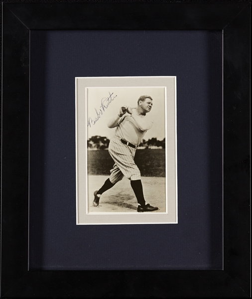 Babe Ruth Signed 3.5x5.5 B&W Photo Postcard in Frame (JSA)