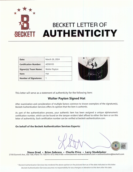 Walter Payton Signed Cap & 8x10 Photo Pair (2) (BAS)