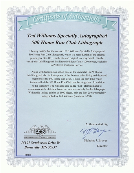 Ted Williams Signed 500 Home Run Lithograph Inscribed 521 (BAS)