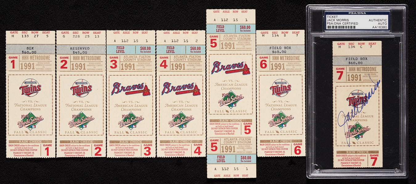 1991 World Series Tickets Games 1-7 with Game 7 Signed by Jack Morris (PSA/DNA)