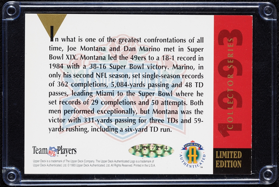 Dan Marino & Joe Montana Signed Super Bowl XIX Card (315/500) (UDA)