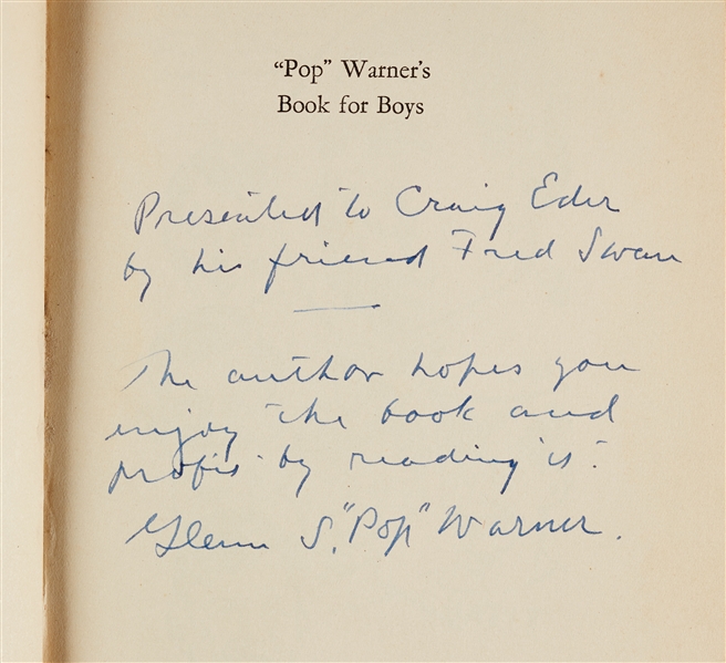 Glenn Pop Warner Signed Book for Boys Hardcover First Edition (JSA)