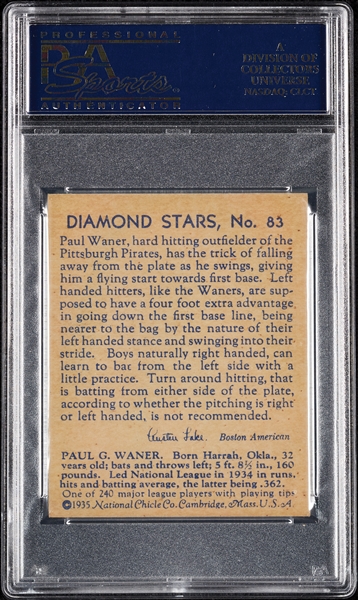 1935 Diamond Stars Paul Waner No. 83 PSA 6