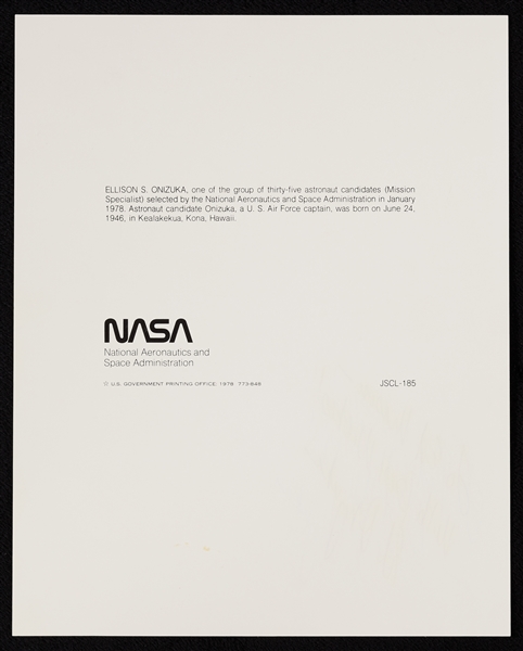 Ellison Onizuka Signed 8x10 NASA Photo (BAS)