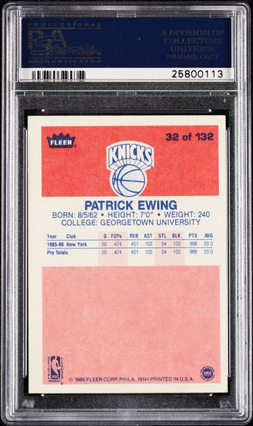 Patrick Ewing Signed 1986 Fleer RC No. 32 (Graded PSA/DNA 10)