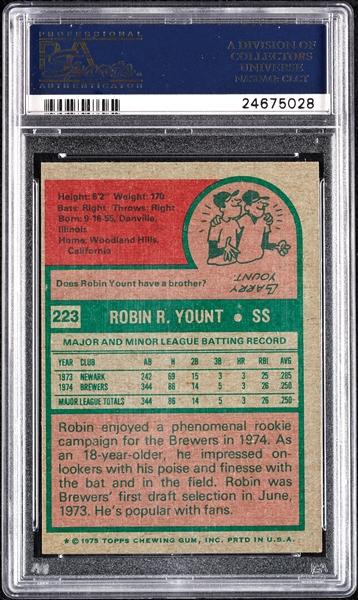 Robin Yount Signed 1975 Topps RC No. 223 (Graded PSA/DNA 9)