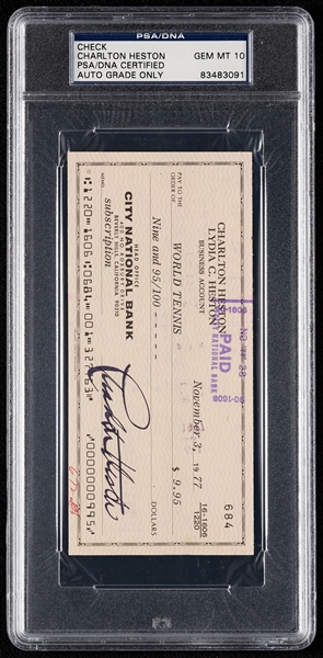 Charlton Heston Signed Check (1977) (Graded PSA/DNA 10) 